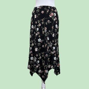 black floral vintage 90s midi skirt with asymmetric hem
